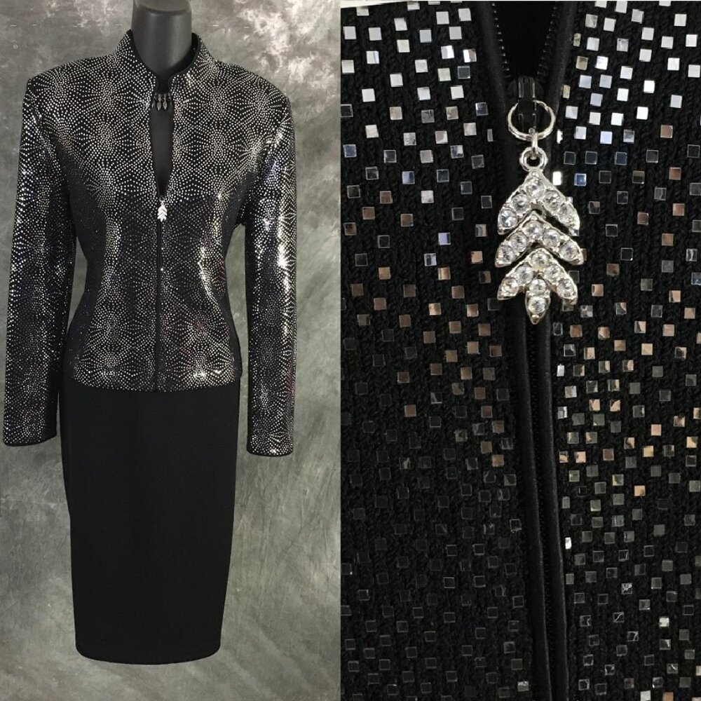 BEAUTIFUL st john evening knit black rhinestones embellished skirt suit 6